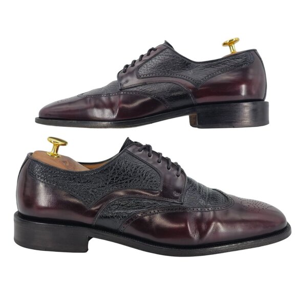Vintage Magnanni Spain Men 10 Burgundy Black Leather Dress Shoes Wingtip Oxfords - Picture 7 of 11
